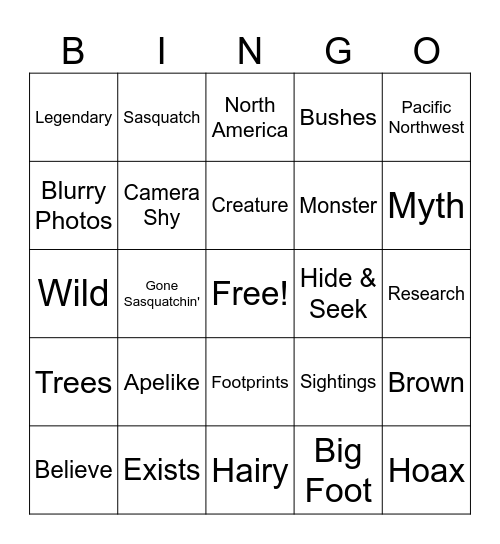 Bigfoot Bingo Card