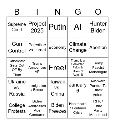 Trump Vs. Biden Debate 6/27/24 Bingo Card