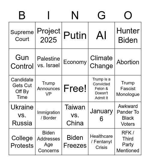 Trump Vs. Biden Debate 6/27/24 Bingo Card