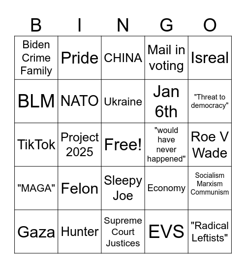 Biden V Trump Bingo Card