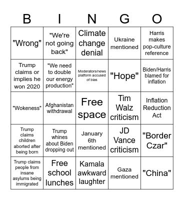 Harris-Trump Debate Bingo Card