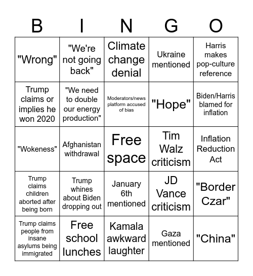 Harris-Trump Debate Bingo Card