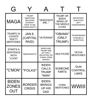 Trump Vs. Biden Debate Bingo Card Bingo Card
