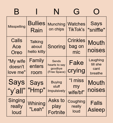 Peachy Bingo Board Bingo Card