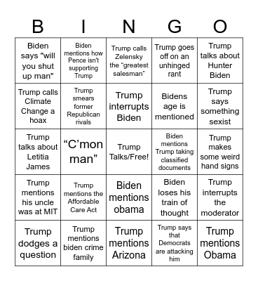 2024 Presidential Debate Bingo Card