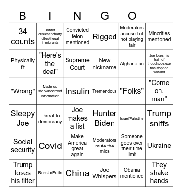 Presidential Debate 2024 Bingo Card