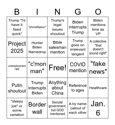 2024 Presidential Debate Bingo Card