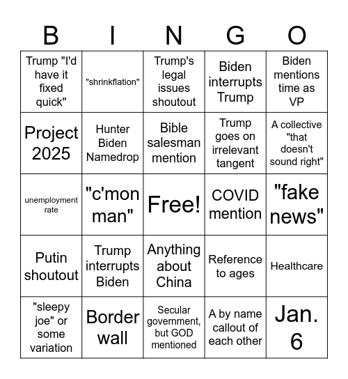 2024 Presidential Debate Bingo Card