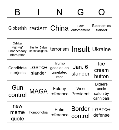 Presidential Debate Bingo Card