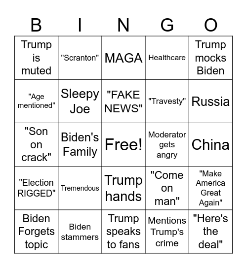 Preseidential Debate 2024 Bingo Card