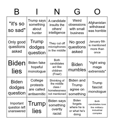 2024 Presidential Debate Bingo Card