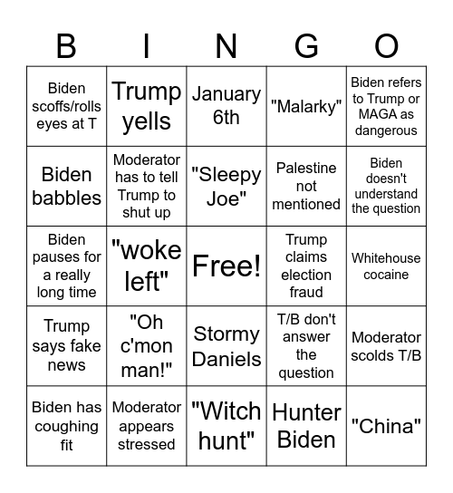 2024 Presidential Debate Bingo Card