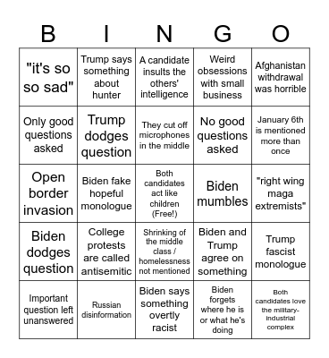 2024 Presidential Debate Bingo Card
