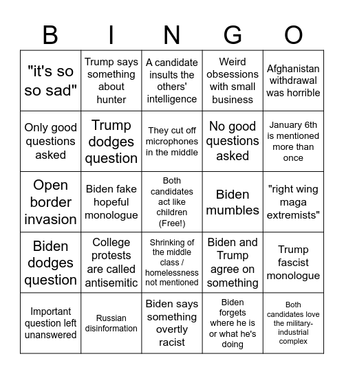 2024 Presidential Debate Bingo Card