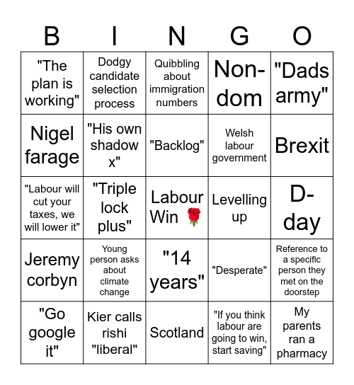 General Election 2024 Bingo Card