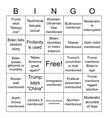 Trump & Biden Debate Bingo Card