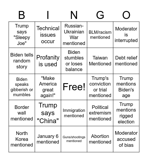 Trump & Biden Debate Bingo Card