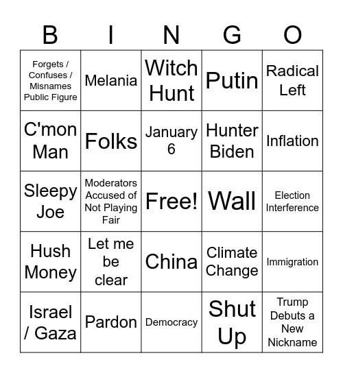 Presidential Debate Bingo Card