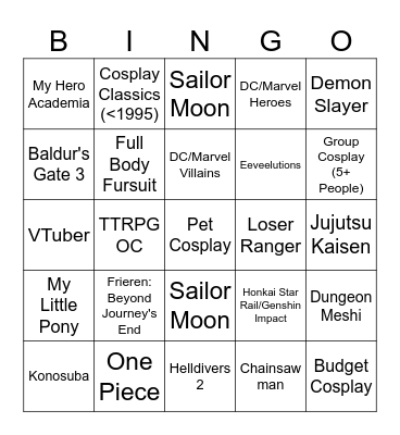 Cosplay Bingo Card