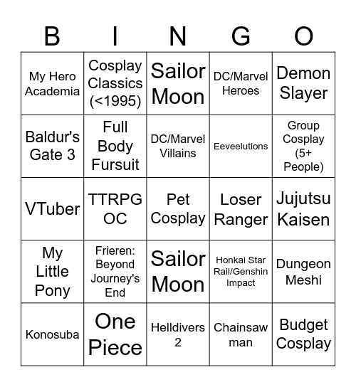 Cosplay Bingo Card