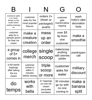 6/27/2024 closing shift Bingo Card