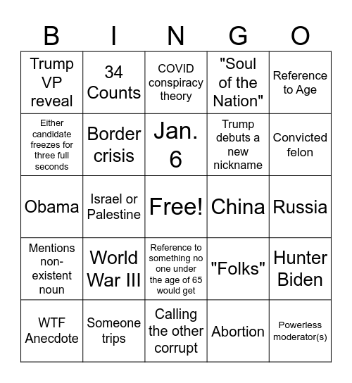 2024 Presidential Debate Bingo Card