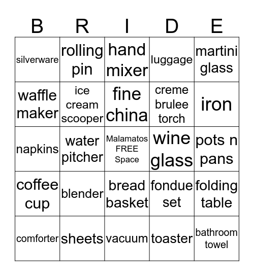 BRIDAL BINGO Card