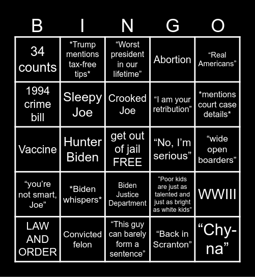 Biden v Trump 2024 Bingo Card