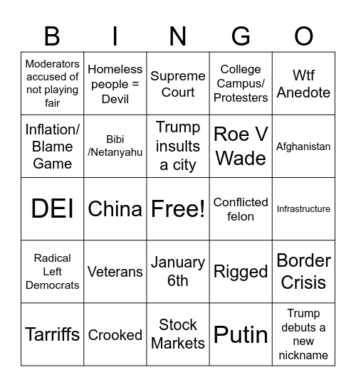 Donald McRapist and Jacked Up Joe Bingo Card