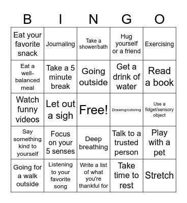 Anxiety Coping Skills Bingo Card