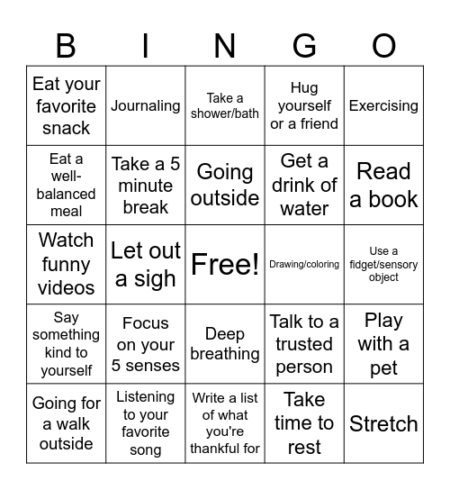 Anxiety Coping Skills Bingo Card