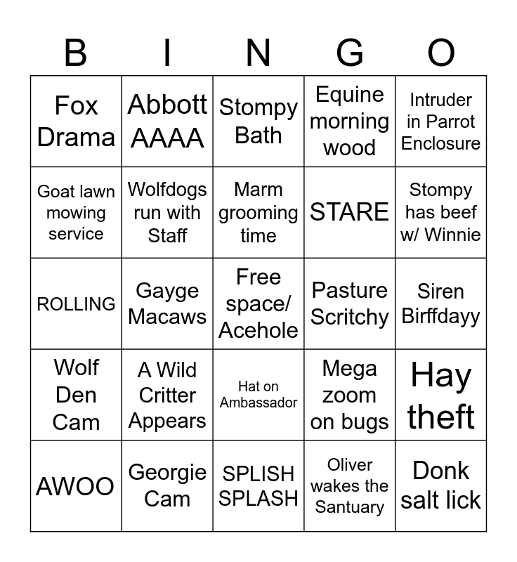 Alveus Sanctuary Bingo Card