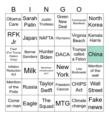 Presidental Debate Bingo Card