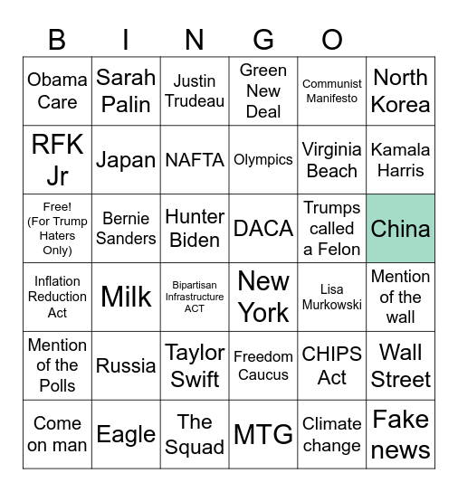 Presidental Debate Bingo Card