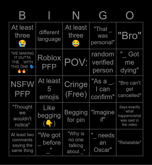 Youtube Comments Section Bingo Card