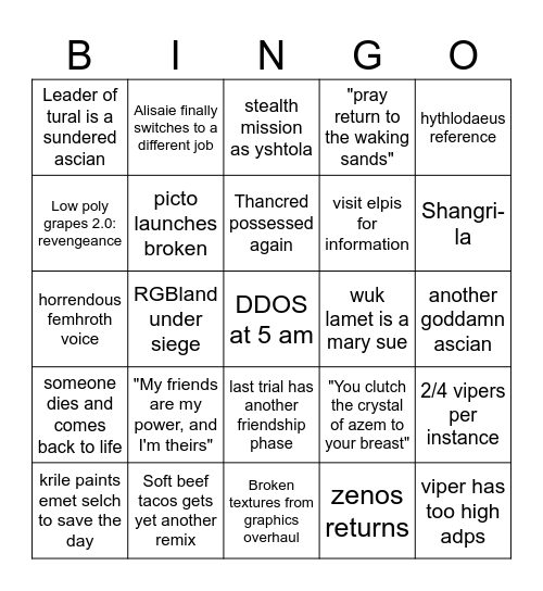 Dawntrail bingo Card