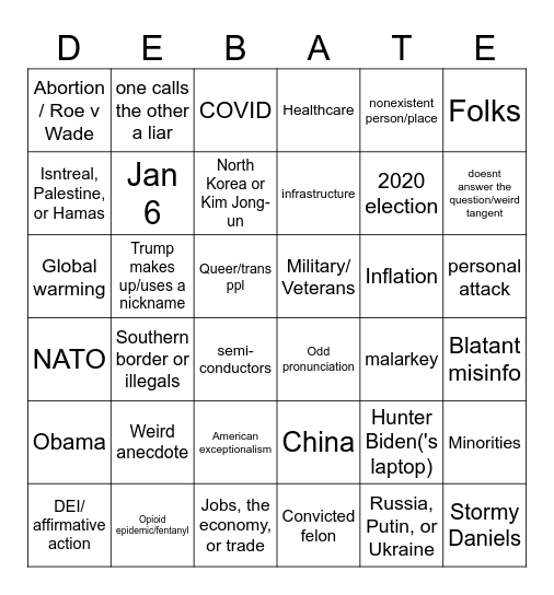 Prez debate bingo Card