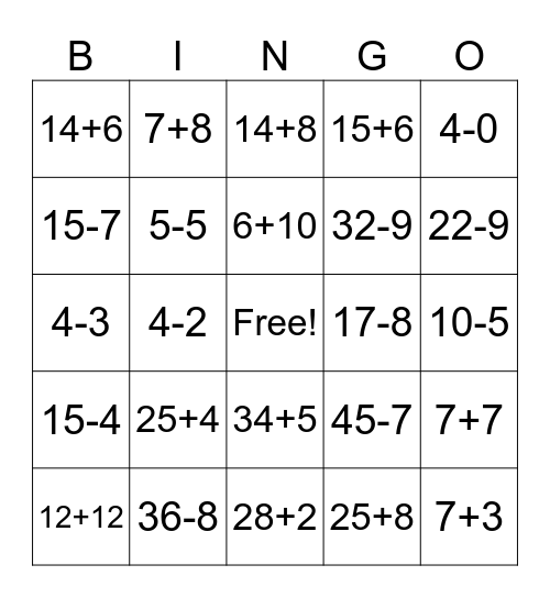 Math Bingo Card