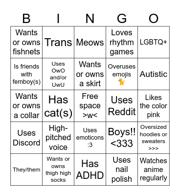 Femboy Bingo Card