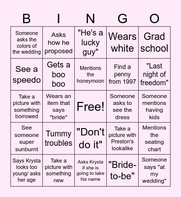 Bachelorette Bingo Card