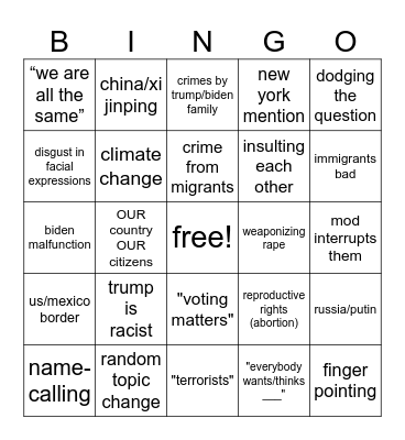 US 2024 presidential debate Bingo Card