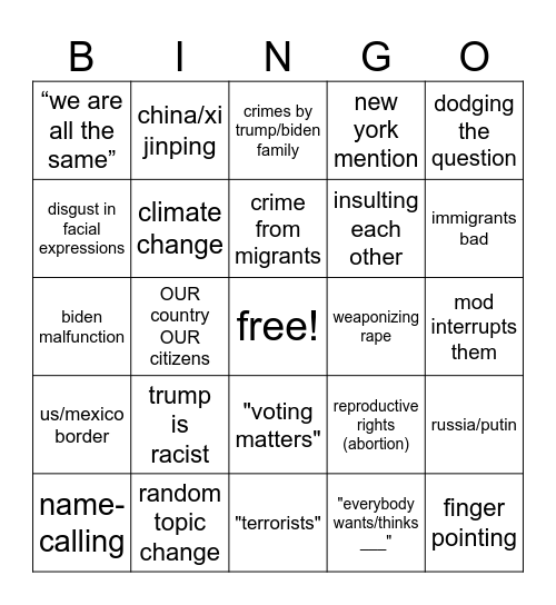 US 2024 presidential debate Bingo Card