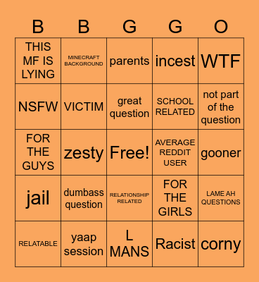 REDDIT QUESTIONS Bingo Card