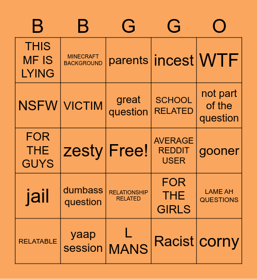 REDDIT QUESTIONS Bingo Card