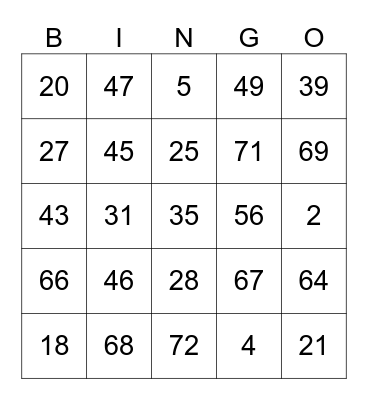 Number Bingo Card