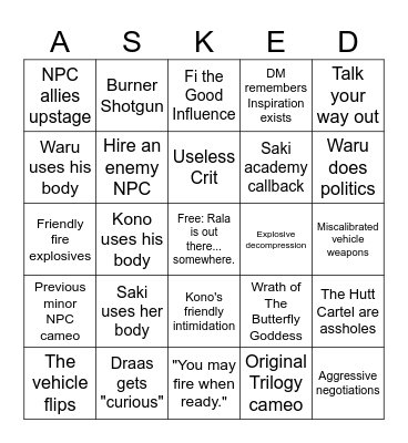 No Bingos Asked Bingo Card