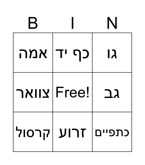 חלקי גוף Bingo Card