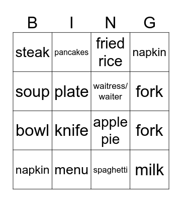 Restaurant Bingo Card