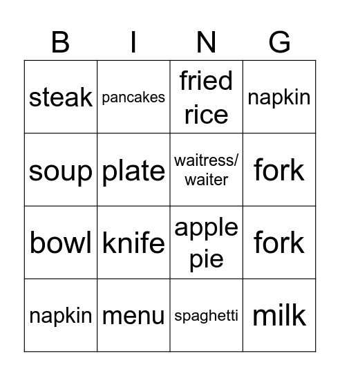Restaurant Bingo Card