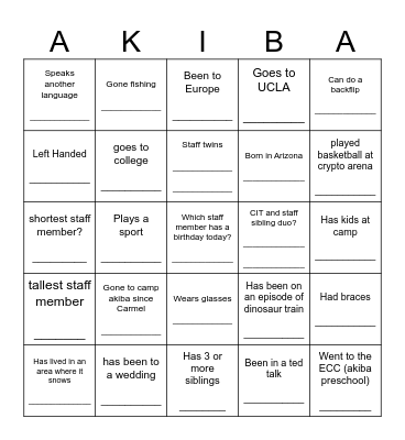 CAMP AKIBA STAFF SCAV Bingo Card